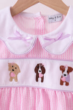 Load image into Gallery viewer, Pink puppy embroidery seersucker ruffle pants set