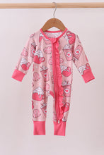 Load image into Gallery viewer, Pink heart print bamboo pajama ruffle zipper romper