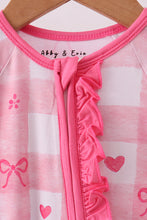 Load image into Gallery viewer, Pink heart checkered bamboo ruffle pajama zipper romper