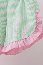 Load image into Gallery viewer, Pink clover bow embroidery seersucker ruffle shorts set