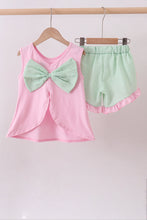 Load image into Gallery viewer, Pink clover bow embroidery seersucker ruffle shorts set