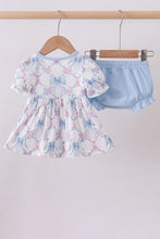 Load image into Gallery viewer, Blue bow floral smocked ruffle bloomer set