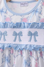 Load image into Gallery viewer, Blue bow floral smocked ruffle pants set