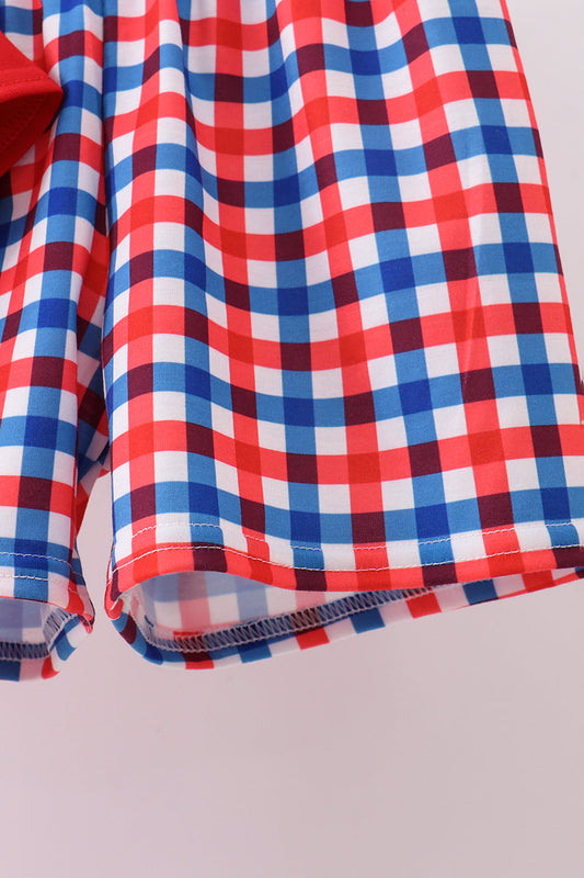 Red puppy embroidery gingham shorts set