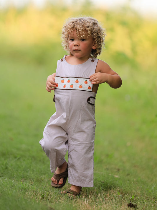 Fall Halloween & Thanksgiving Pumpkin Smock Embroidered Boys Romper
