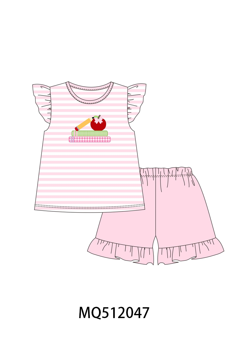 Pink Apple Pencil Embroidery Short Set