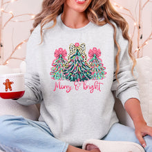 Load image into Gallery viewer, Merry and Bright, Colorful Pastel Christmas Trees, Bows, Ribbons, Santa Sweatshirt