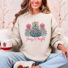 Load image into Gallery viewer, Merry and Bright, Colorful Pastel Christmas Trees, Bows, Ribbons, Santa Sweatshirt