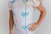 Load image into Gallery viewer, Pink and Blue Bow Shortie Leotard