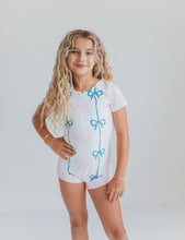 Load image into Gallery viewer, Pink and Blue Bow Shortie Leotard