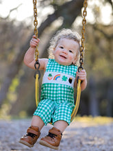 Load image into Gallery viewer, St. Patrick's Day shamrock Smocking Embroidered Green Plaid Boys' Romper