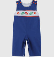 Load image into Gallery viewer, Preorder ETA 7/15-8/15-Blue and Orange Football Smocked Overalls - Image #1