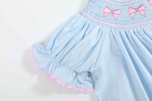 Load image into Gallery viewer, Blue and Pink Bow Smocked Bishop Dress