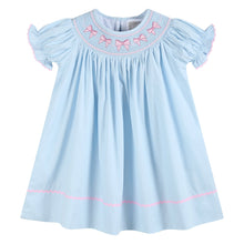 Load image into Gallery viewer, Blue and Pink Bow Smocked Bishop Dress