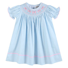Load image into Gallery viewer, Blue and Pink Bow Smocked Bishop Dress