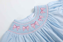 Load image into Gallery viewer, Blue and Pink Bow Smocked Romper