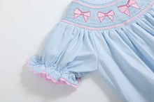 Load image into Gallery viewer, Blue and Pink Bow Smocked Romper