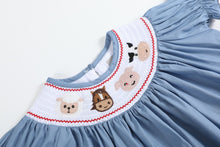 Load image into Gallery viewer, Blue Farm Animal Smocked Bishop Dress