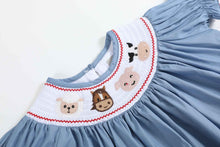Load image into Gallery viewer, Blue Farm Animal Smocked Bishop Dress