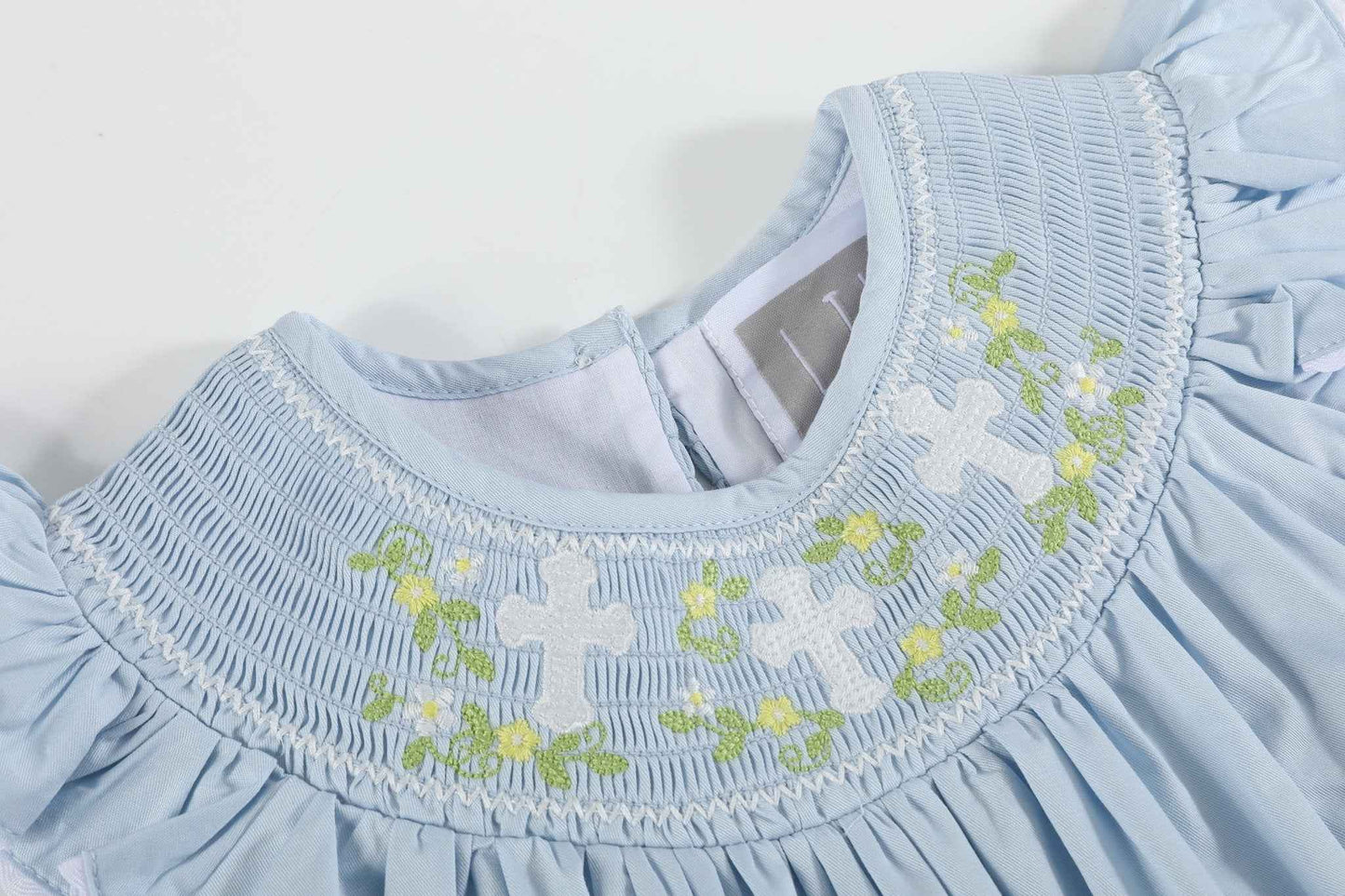 Blue Floral Crosses Smocked Bishop Dress - Abbies Place