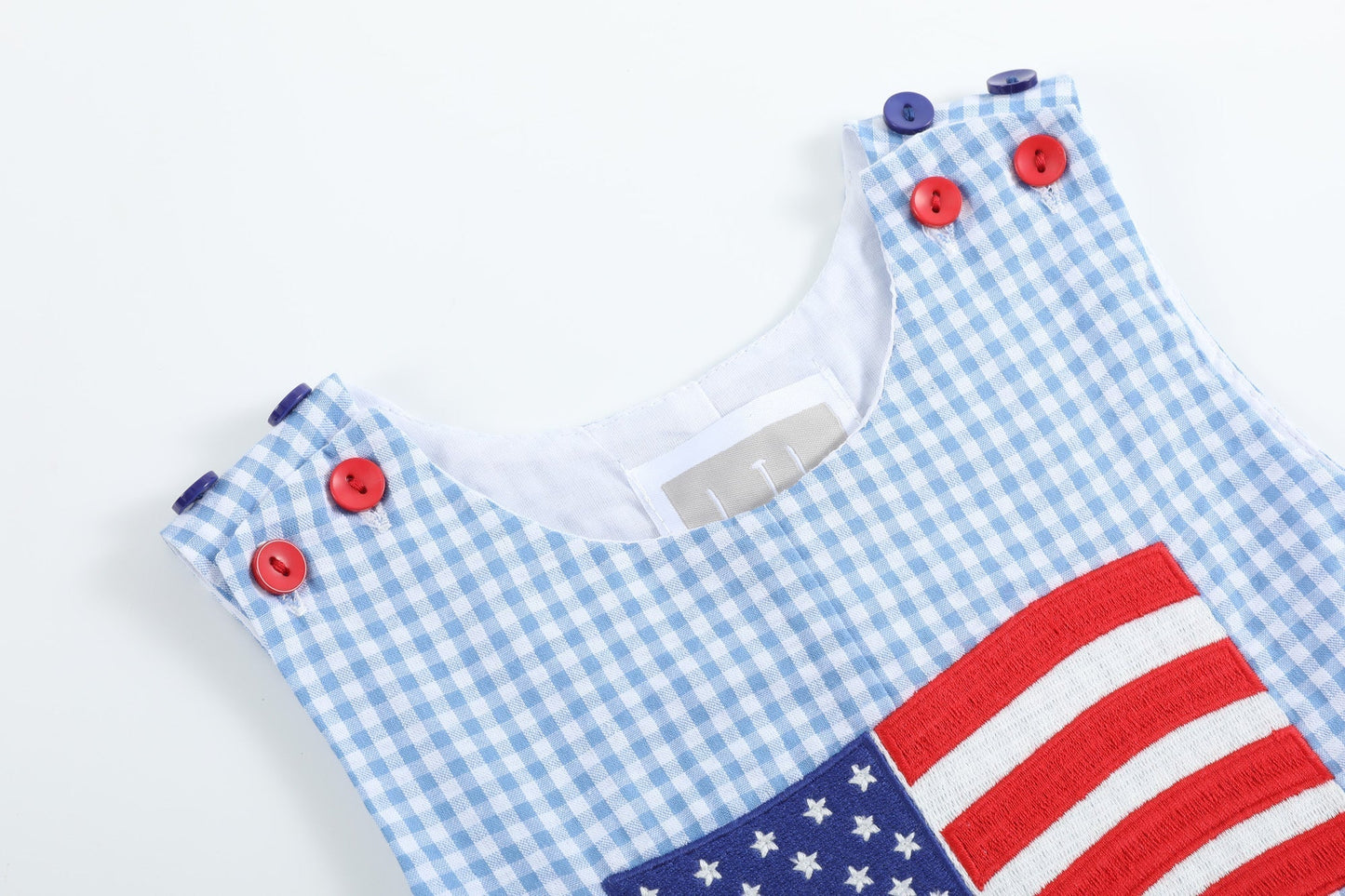 Blue Gingham American Flag Pocket Shortalls - Abbies Place