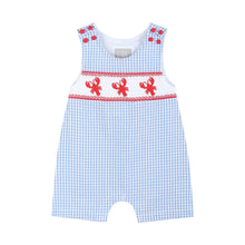 Load image into Gallery viewer, Blue Gingham Crawfish Smocked Shortalls