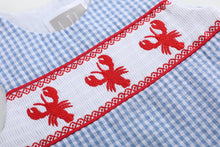 Load image into Gallery viewer, Blue Gingham Crawfish Smocked Shortalls