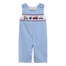 Load image into Gallery viewer, Blue Gingham Emergency Vehicles Smocked Overalls