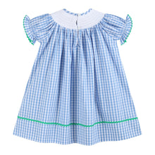 Load image into Gallery viewer, Blue Gingham Farm Smocked Bishop Dress