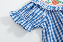 Load image into Gallery viewer, Blue Gingham Pumpkin Smocked Ruffle Bishop Dress