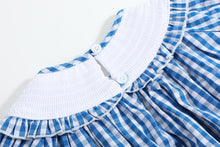 Load image into Gallery viewer, Blue Gingham Pumpkin Smocked Ruffle Bishop Dress
