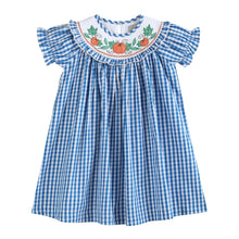 Load image into Gallery viewer, Blue Gingham Pumpkin Smocked Ruffle Bishop Dress