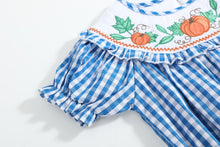 Load image into Gallery viewer, Blue Gingham Pumpkin Smocked Ruffle Romper