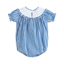 Load image into Gallery viewer, Blue Gingham Pumpkin Smocked Ruffle Romper