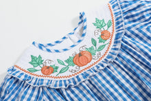 Load image into Gallery viewer, Blue Gingham Pumpkin Smocked Ruffle Romper