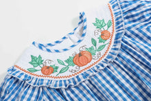 Load image into Gallery viewer, Blue Gingham Pumpkin Smocked Ruffle Romper