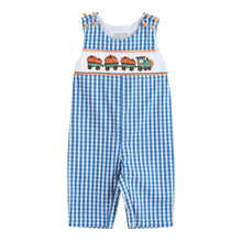 Load image into Gallery viewer, Blue Gingham Pumpkin Train Smocked Overalls