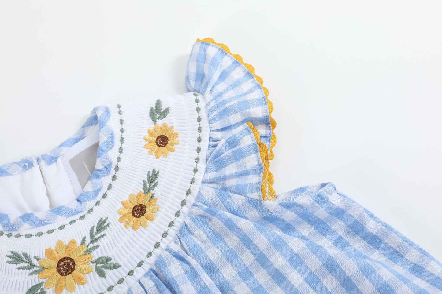 Blue Gingham Sunflower Smocked Bishop Dress - Abbies Place