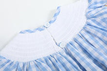 Load image into Gallery viewer, Blue Gingham Sunflower Smocked Bishop Dress