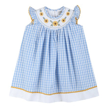 Load image into Gallery viewer, Blue Gingham Sunflower Smocked Bishop Dress