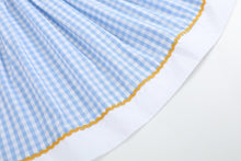 Load image into Gallery viewer, Blue Gingham Sunflower Smocked Bishop Dress