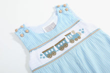 Load image into Gallery viewer, Blue Gingham Train Smocked Overalls