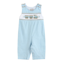Load image into Gallery viewer, Blue Gingham Train Smocked Overalls