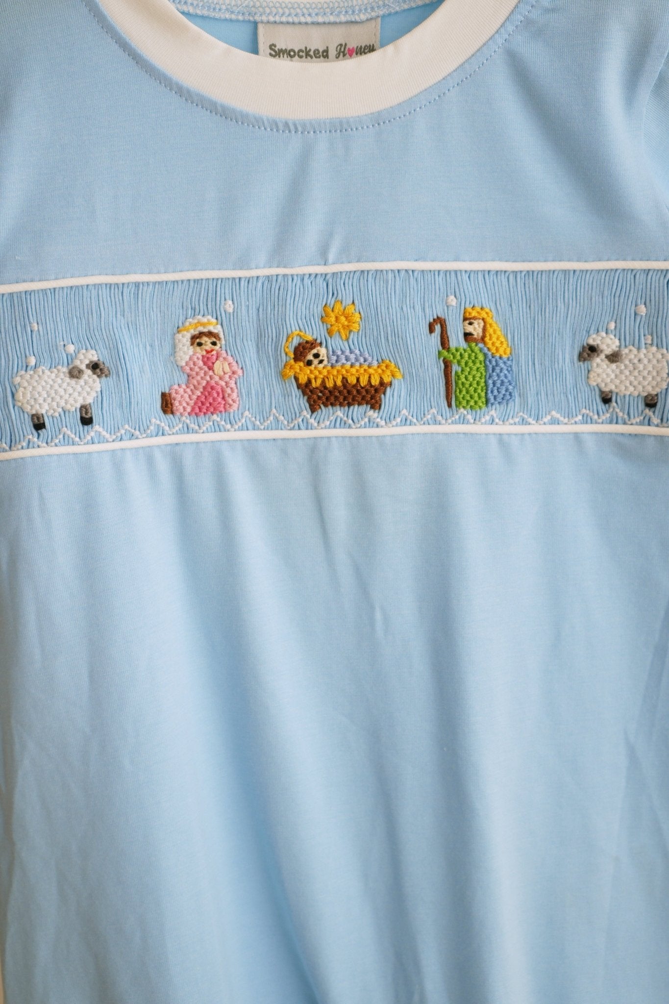 Blue nativity hand smocked romper - Abbies Place