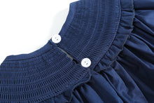 Load image into Gallery viewer, Blue Nativity Smocked Ruffle Bishop Dress