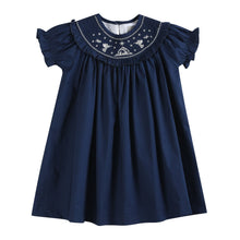Load image into Gallery viewer, Blue Nativity Smocked Ruffle Bishop Dress