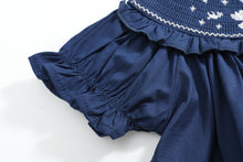 Load image into Gallery viewer, Blue Nativity Smocked Ruffle Bishop Dress