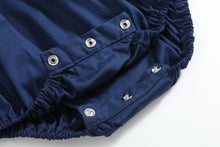 Load image into Gallery viewer, Blue Nativity Smocked Ruffle Romper