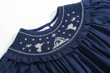 Load image into Gallery viewer, Blue Nativity Smocked Ruffle Romper