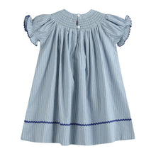 Load image into Gallery viewer, Blue Pinstripe Mallard Duck Smocked Bishop Dress